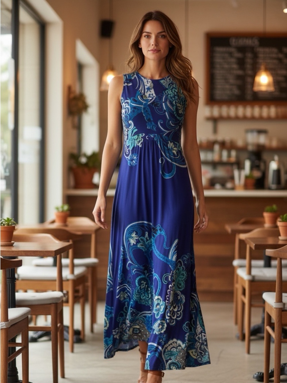 Chico’s Black Label Blue Paisley Maxi Dress Sleeveless Boho Resort Women’s